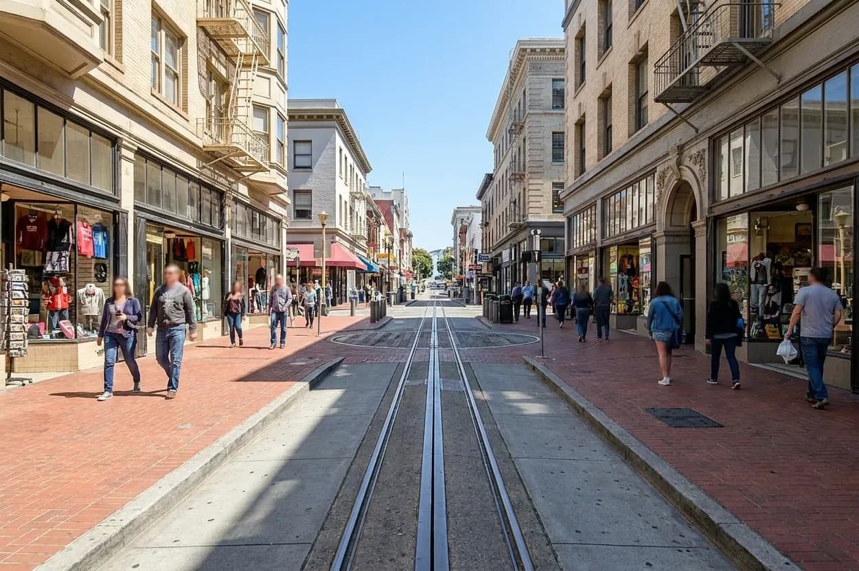 Powell Street in North Beach with cable car tracks and storefronts on a bright afternoon