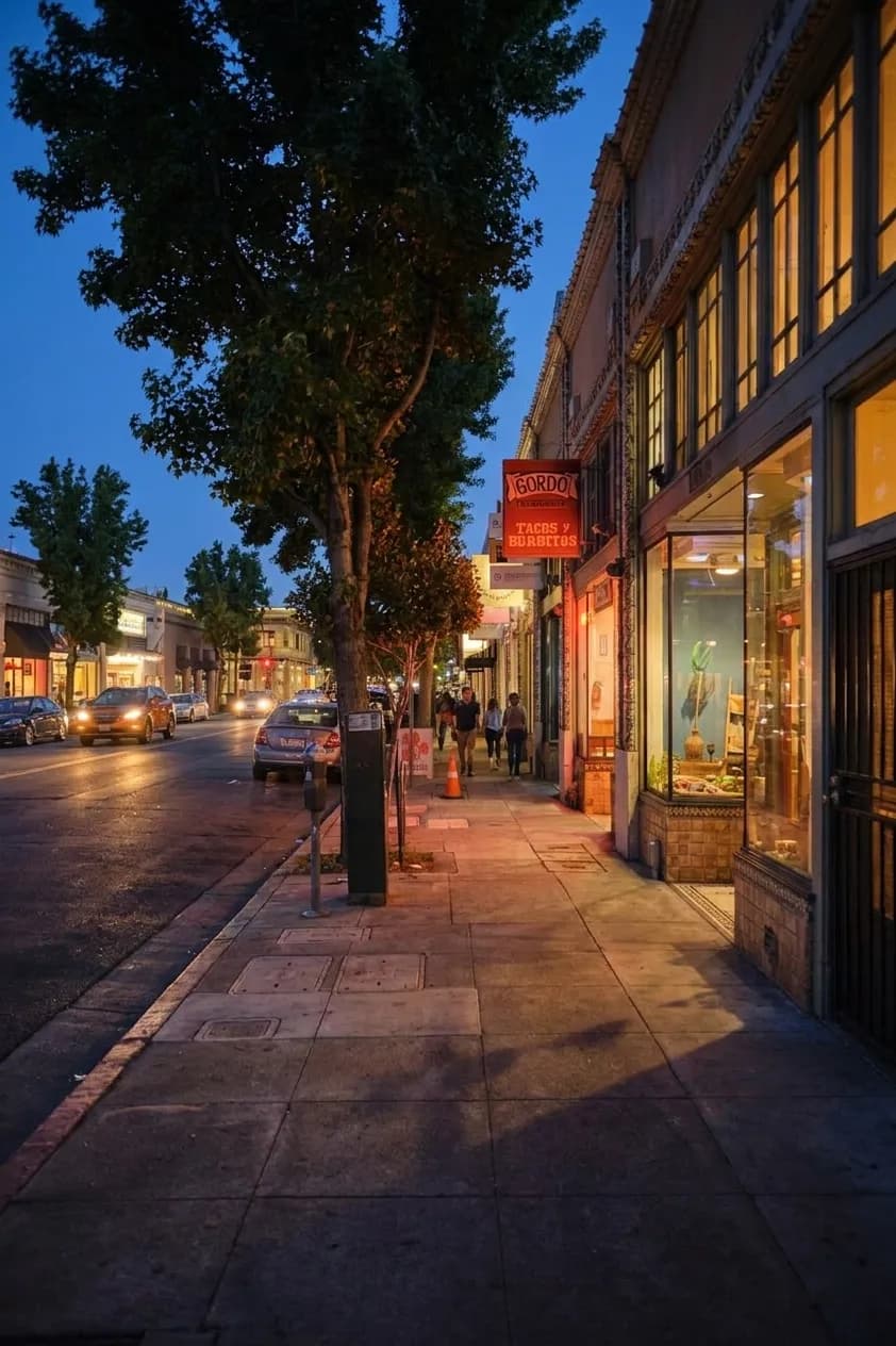 College Avenue in Berkeley's Elmwood neighborhood at dusk with shop lights glowing and tree-lined sidewalks