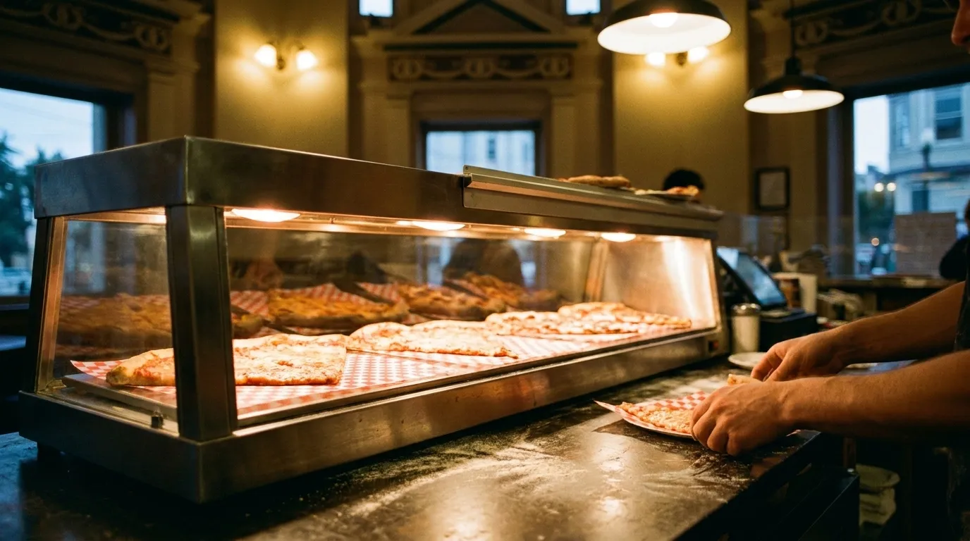 Pizza slices under warming lights at a North Beach counter in San Francisco