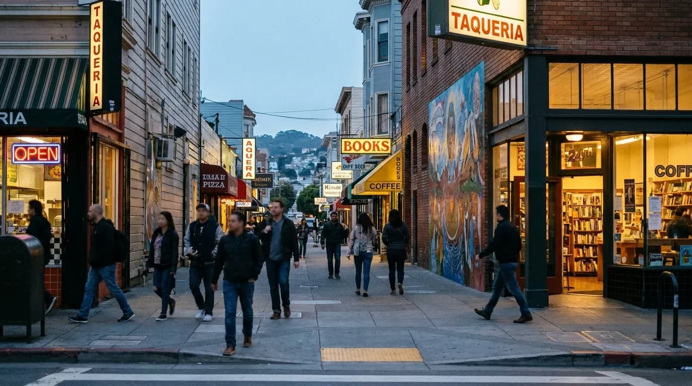 Evening street scene at 24th Street in San Francisco's Mission District with pedestrians and lit storefronts