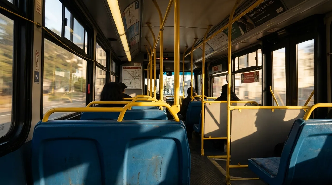Interior of a San Francisco Muni bus with passengers and afternoon light through windows
