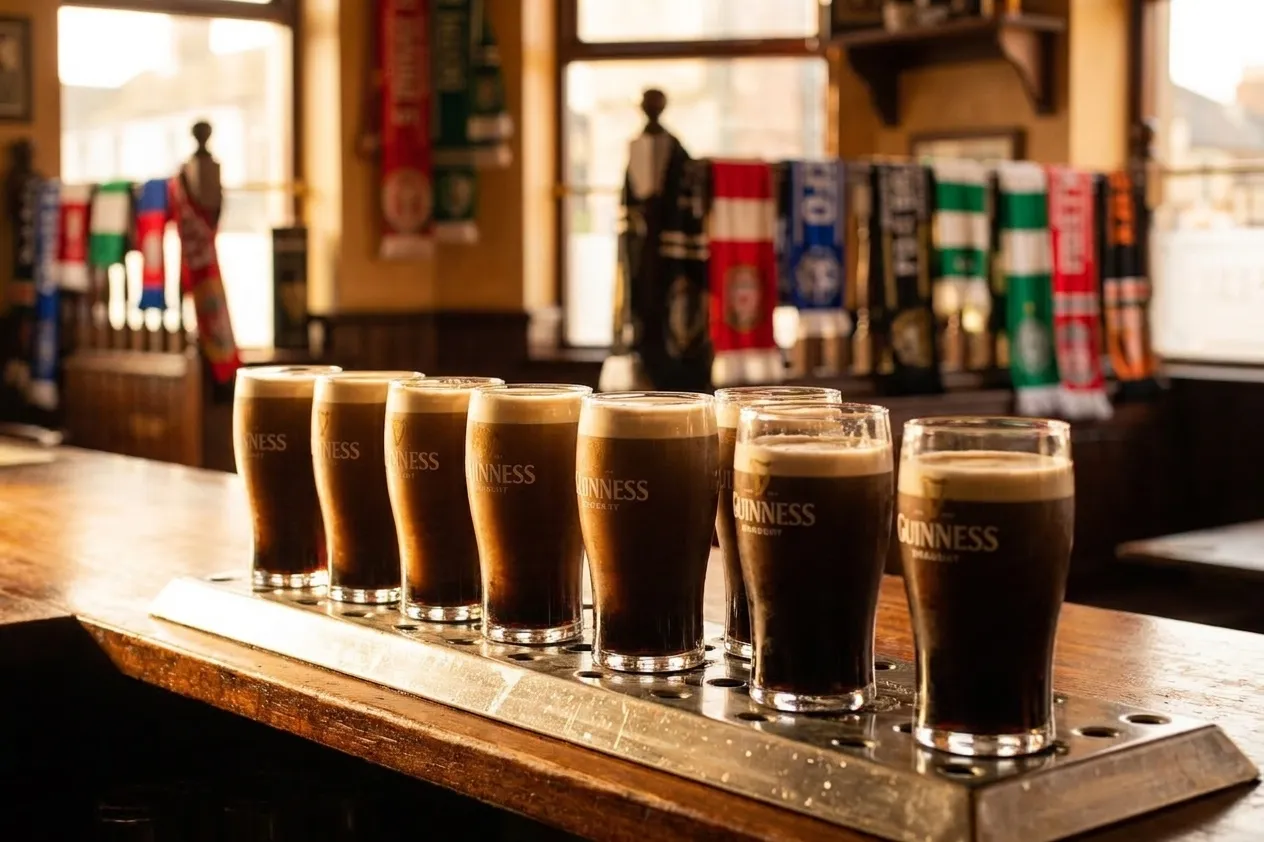 Freshly poured pints of Guinness with perfect heads on a wooden bar top inside a dim San Francisco pub