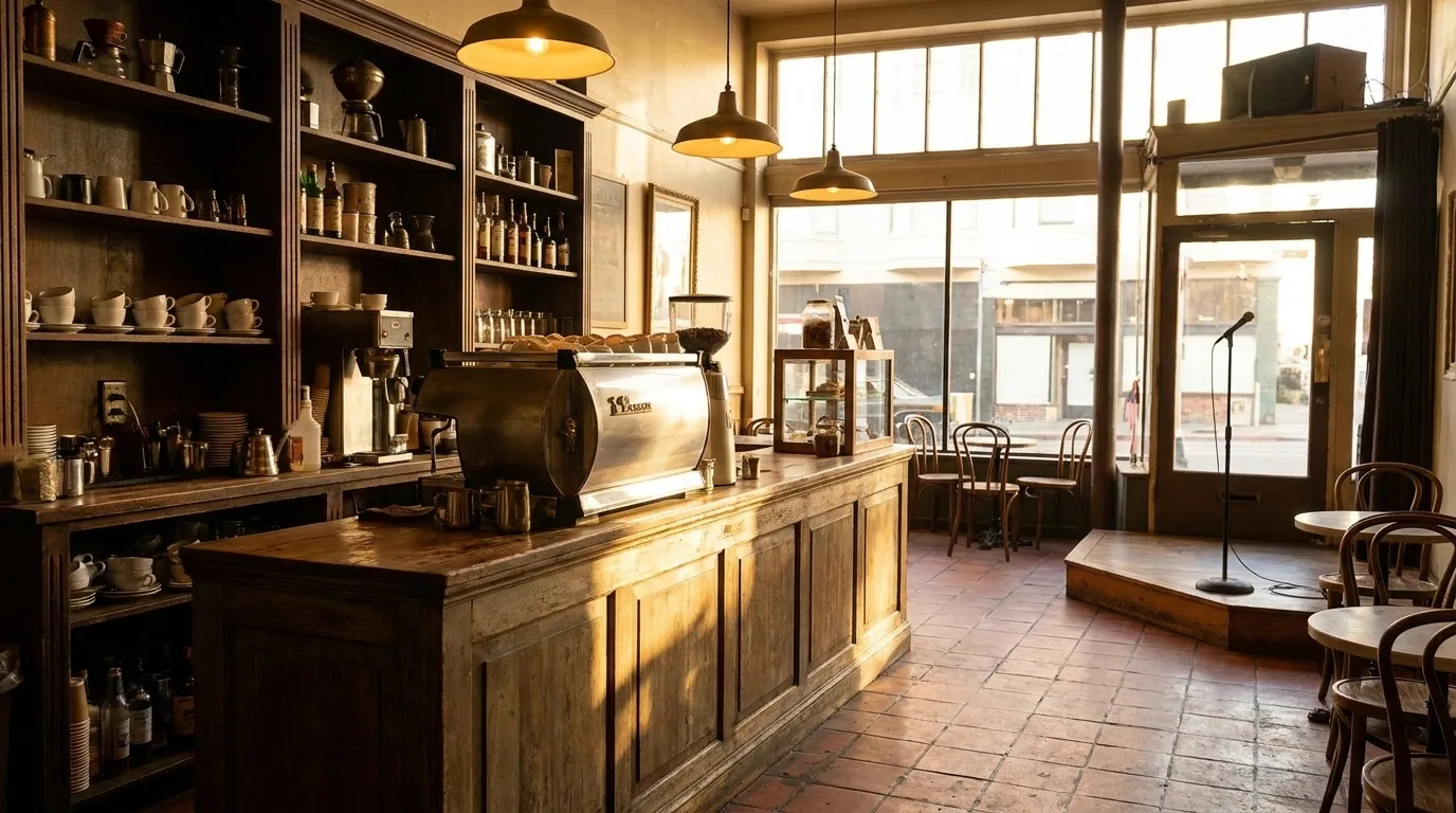 Interior of a North Beach cafe with espresso counter and small performance space in afternoon light