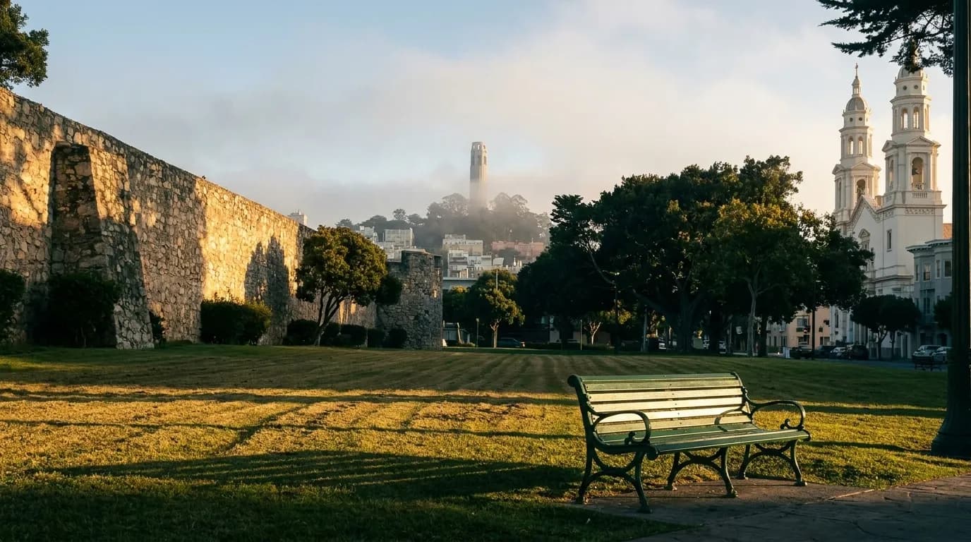 Bench in Washington Square Park with view of Telegraph Hill and Coit Tower in afternoon light