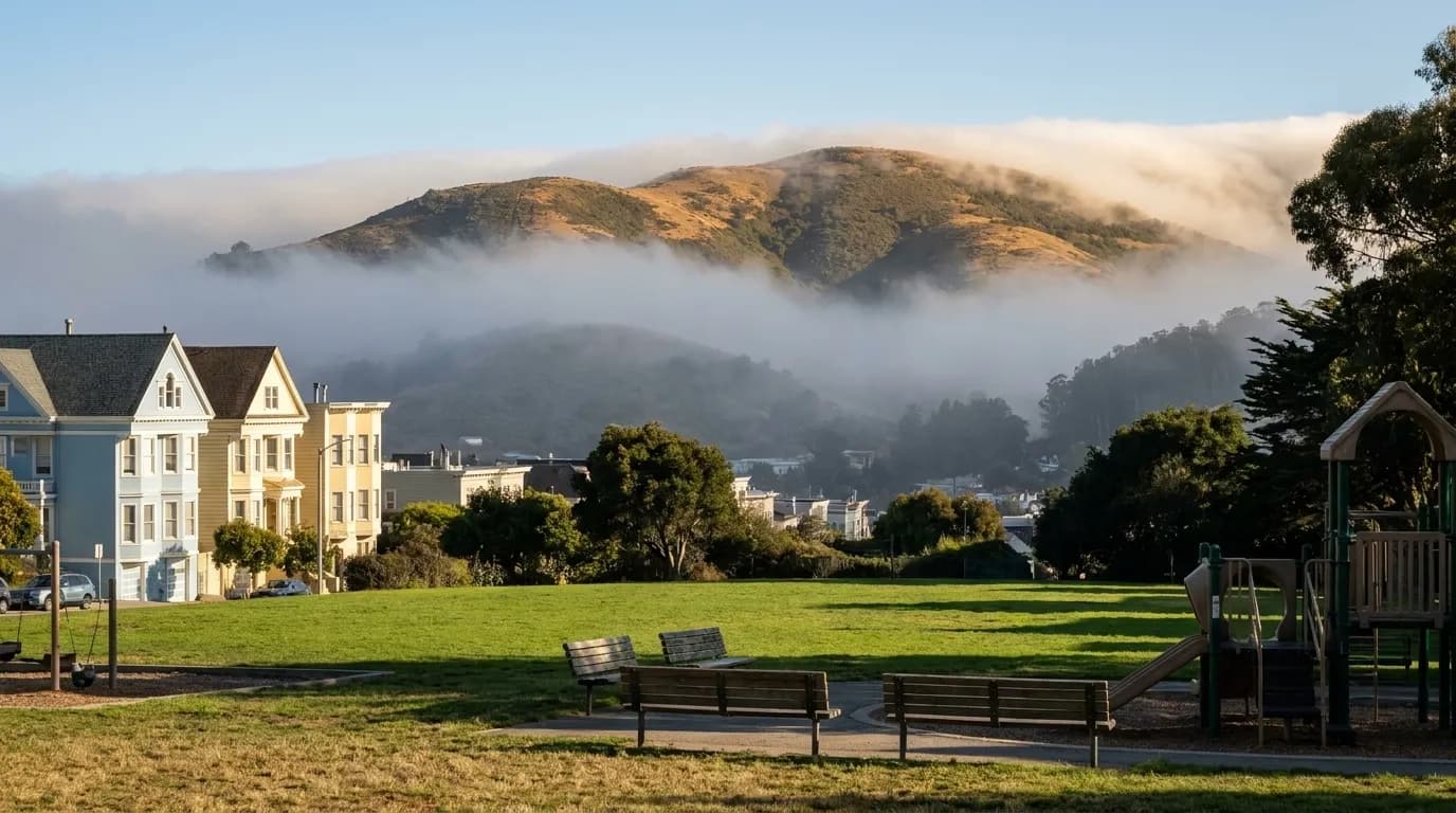 View from Douglass Playground in Noe Valley looking across San Francisco's fog line toward Bernal Heights