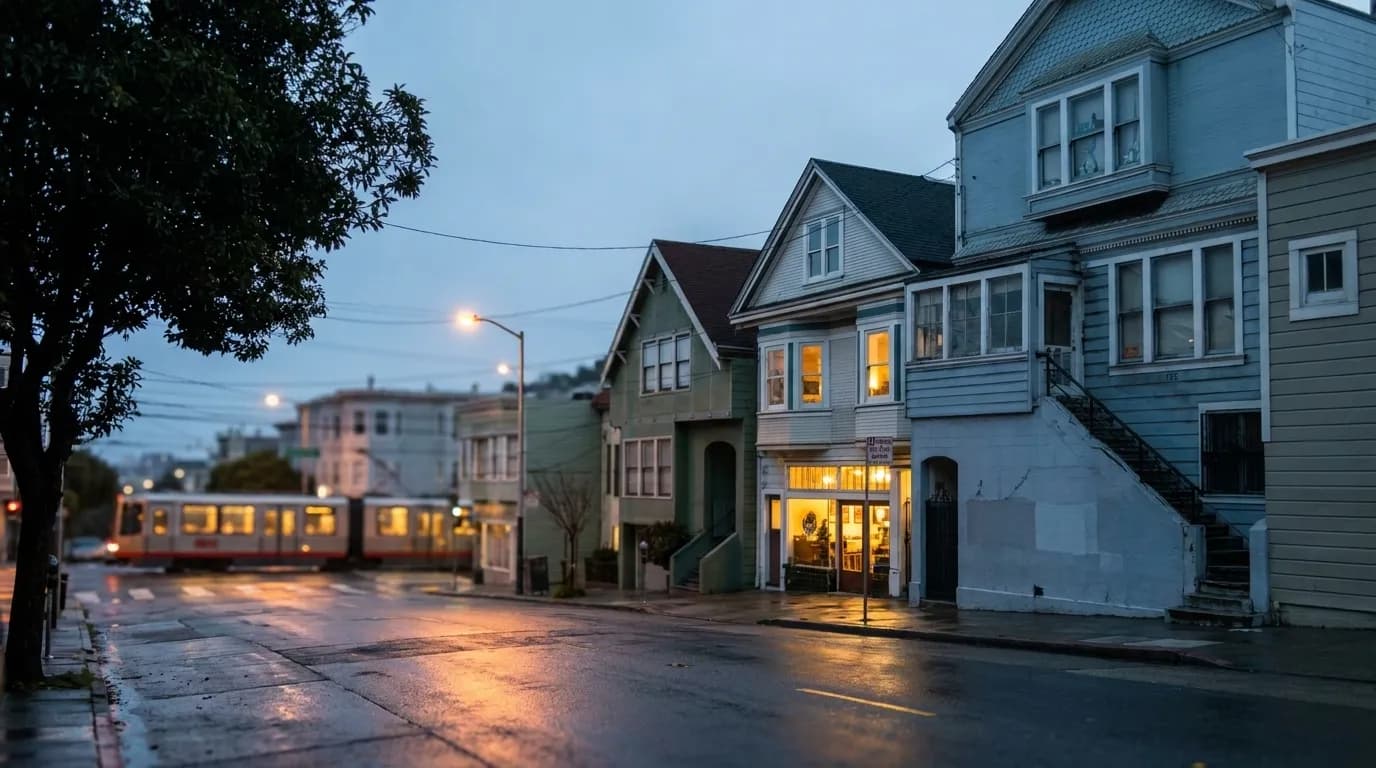 Evening view of lit restaurant storefronts along 24th Street in San Francisco's Noe Valley neighborhood