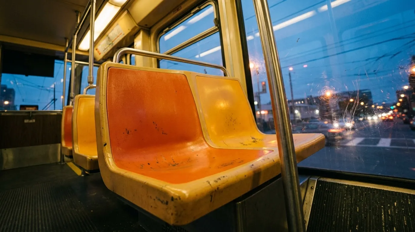Interior detail of a San Francisco Muni train seat and window at night
