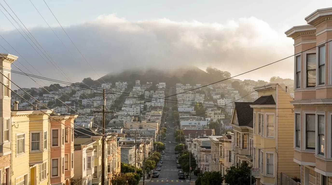 Fog rolling over Twin Peaks above the Noe Valley neighborhood in San Francisco