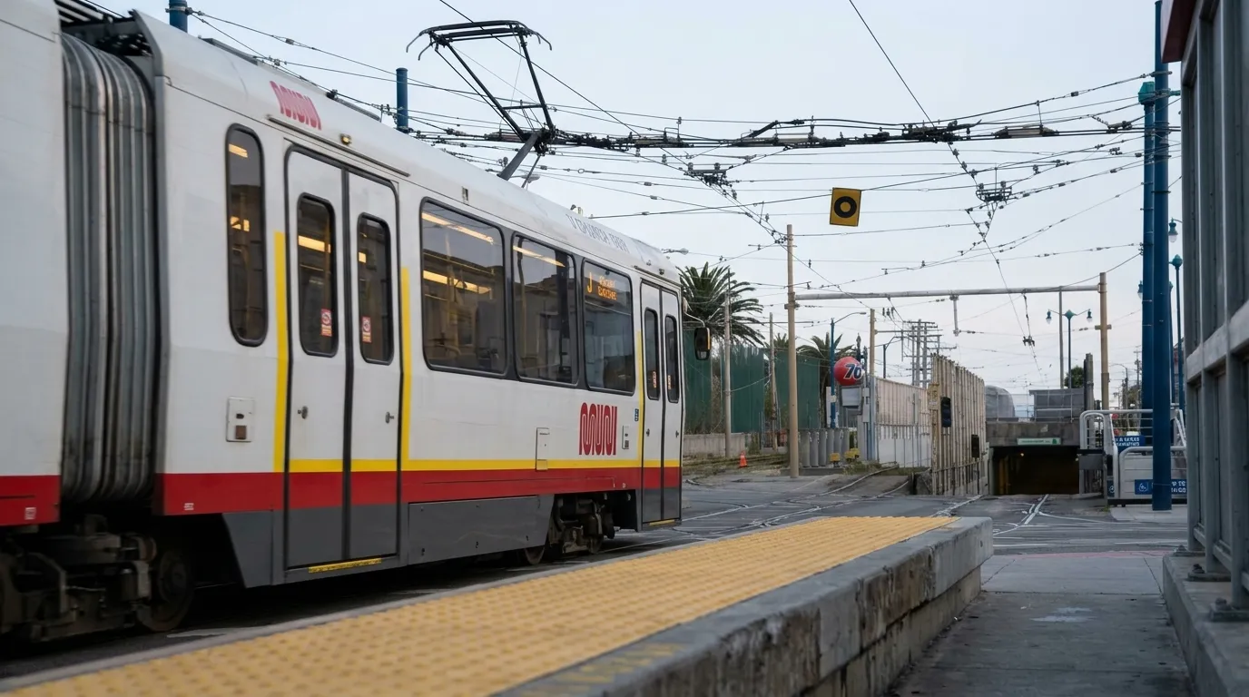 J Church Muni train arriving at Church Street station platform in early evening light