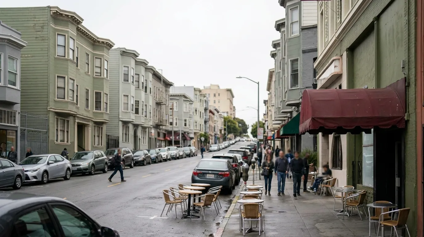 Columbus Avenue in San Francisco's North Beach neighborhood on an overcast morning, with sidewalk cafes and pedestrians.