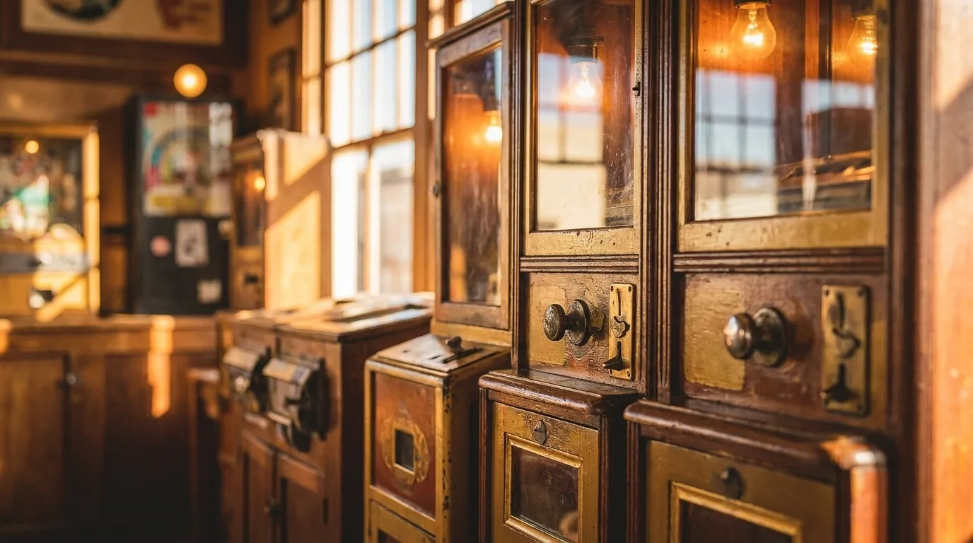 Vintage arcade machines inside the Musée Mécanique at Fisherman's Wharf, San Francisco, with warm light on brass and wood details.
