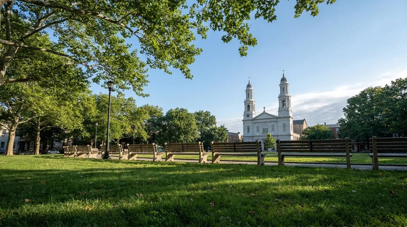 Washington Square Park in North Beach with Saints Peter and Paul Church in the background on a clear San Francisco morning.