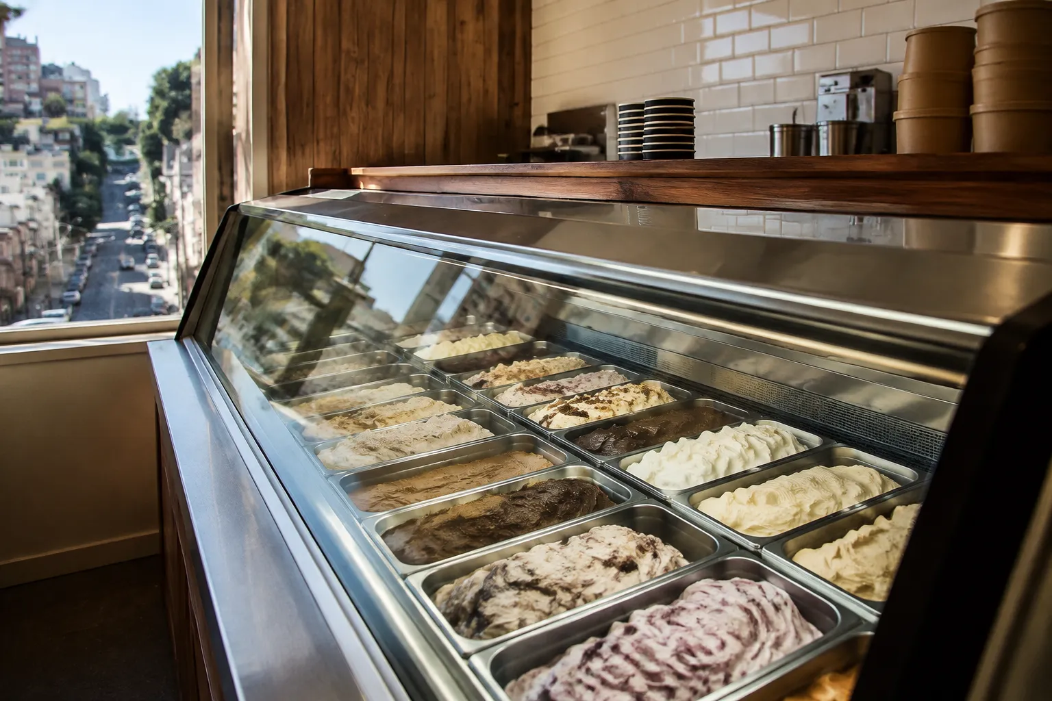 Ice cream display case with multiple flavors in a San Francisco shop, natural afternoon light