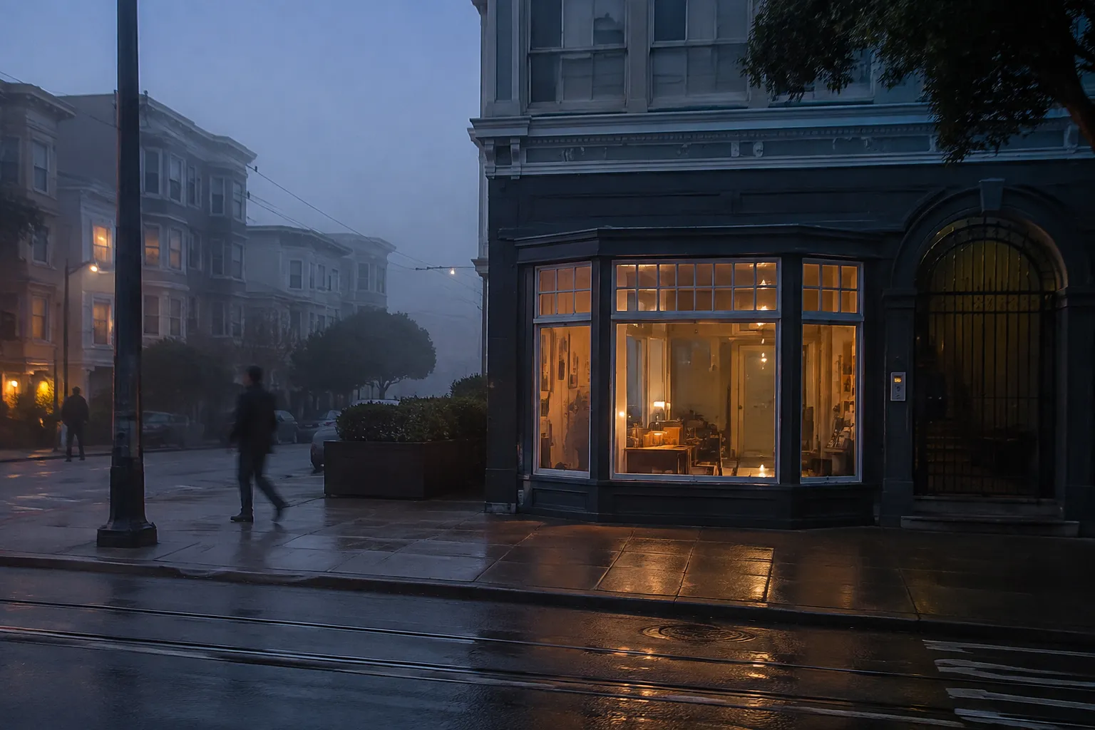 Judah Street storefront in the Outer Sunset at dusk with fog rolling in, San Francisco
