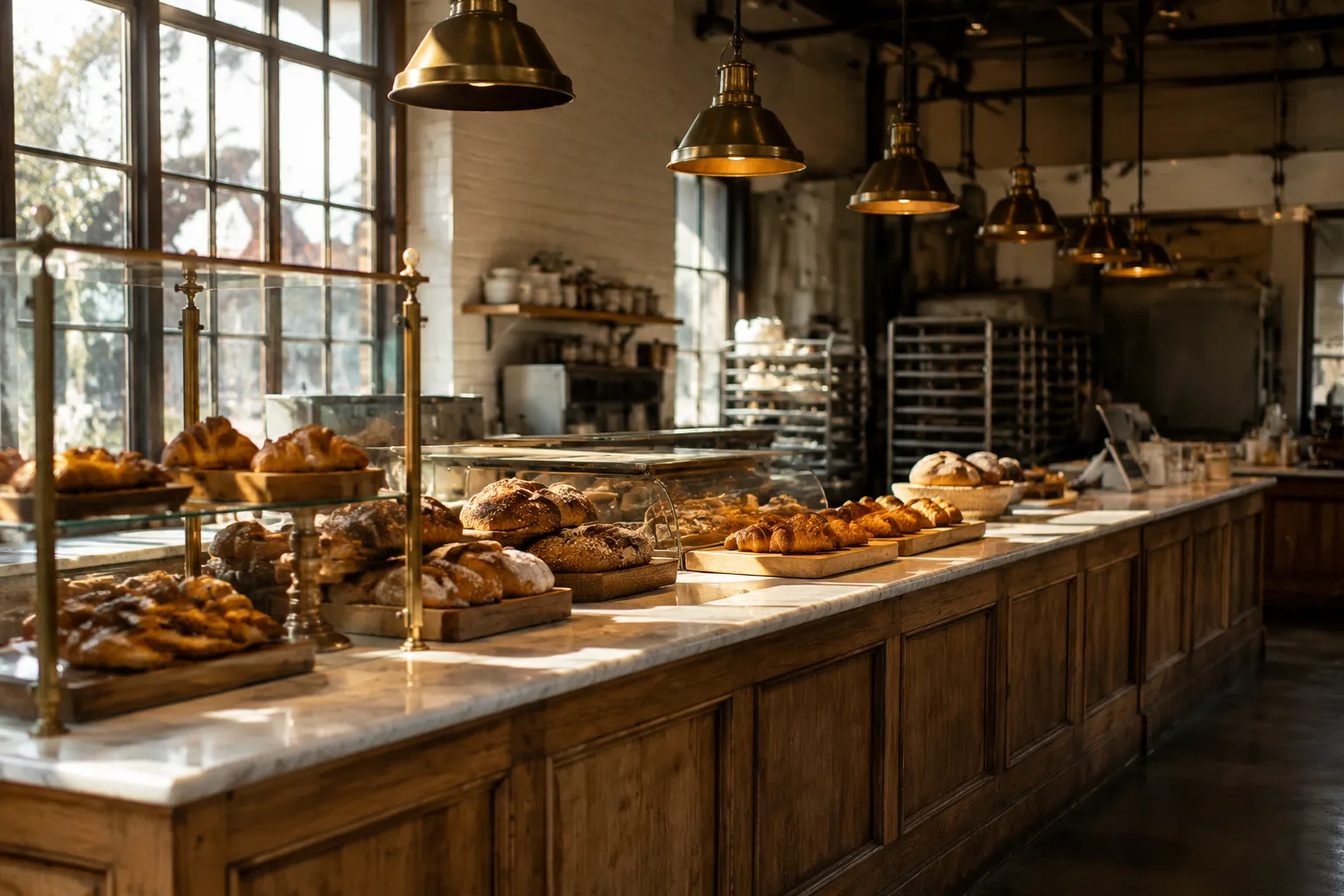Morning light illuminates a bakery counter with pastries and bread loaves at a San Francisco breakfast spot