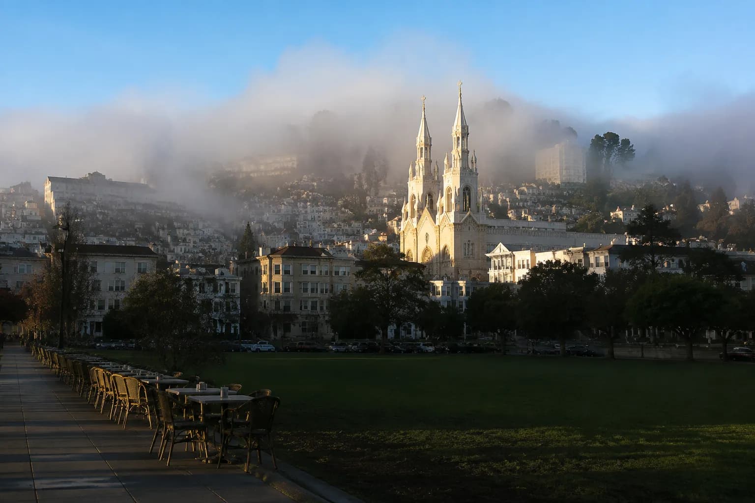Early morning light breaks over Washington Square Park in San Francisco's North Beach neighborhood