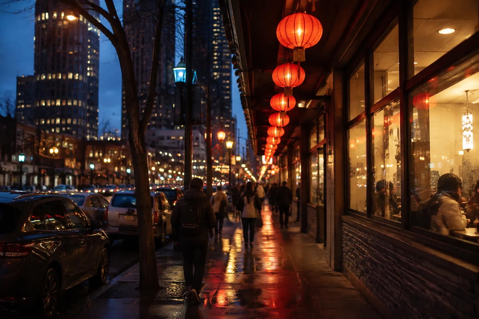Grant Avenue in San Francisco's Chinatown at dusk with red lanterns and restaurant lights