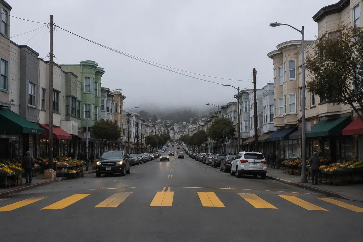 Clement Street in San Francisco's Richmond District on a foggy morning with shops and parked cars