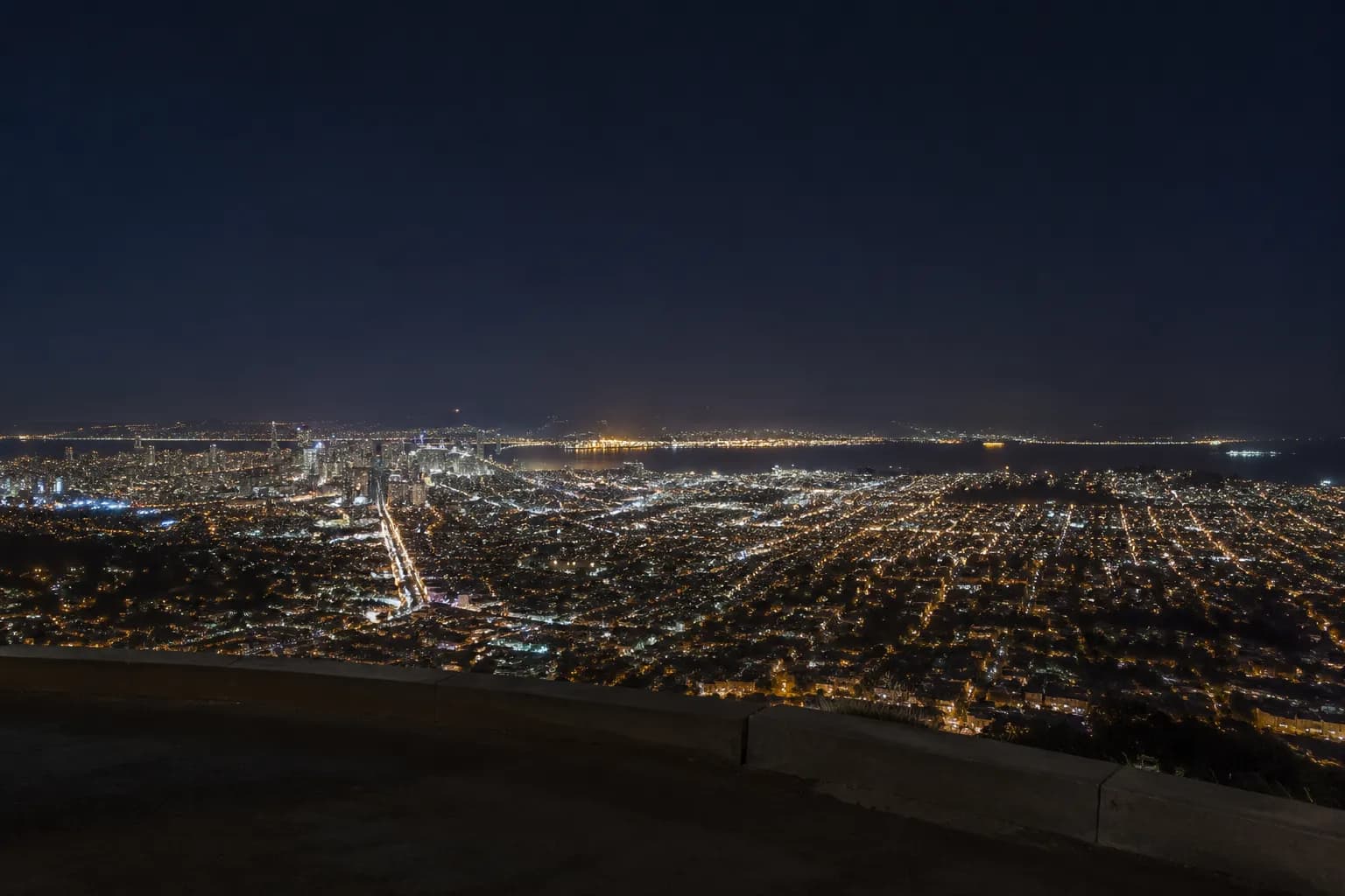 Nighttime view of San Francisco city lights from Twin Peaks overlook