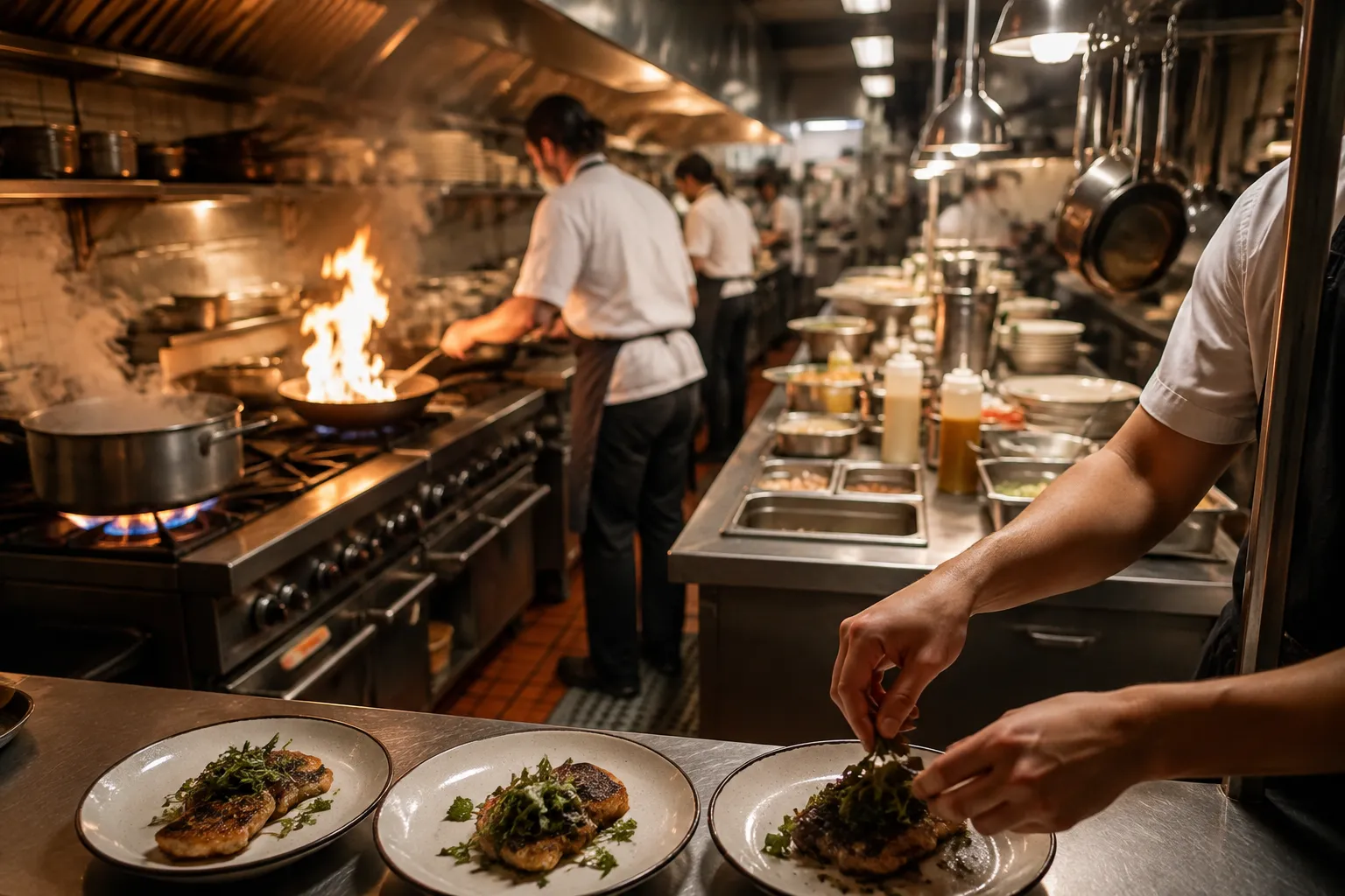 Restaurant kitchen in San Francisco during dinner service with cooks preparing orders