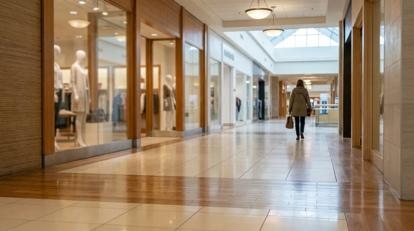 Quiet interior corridor of Stonestown mall in San Francisco, showing the less crowded shopping environment of neighborhood retail locations
