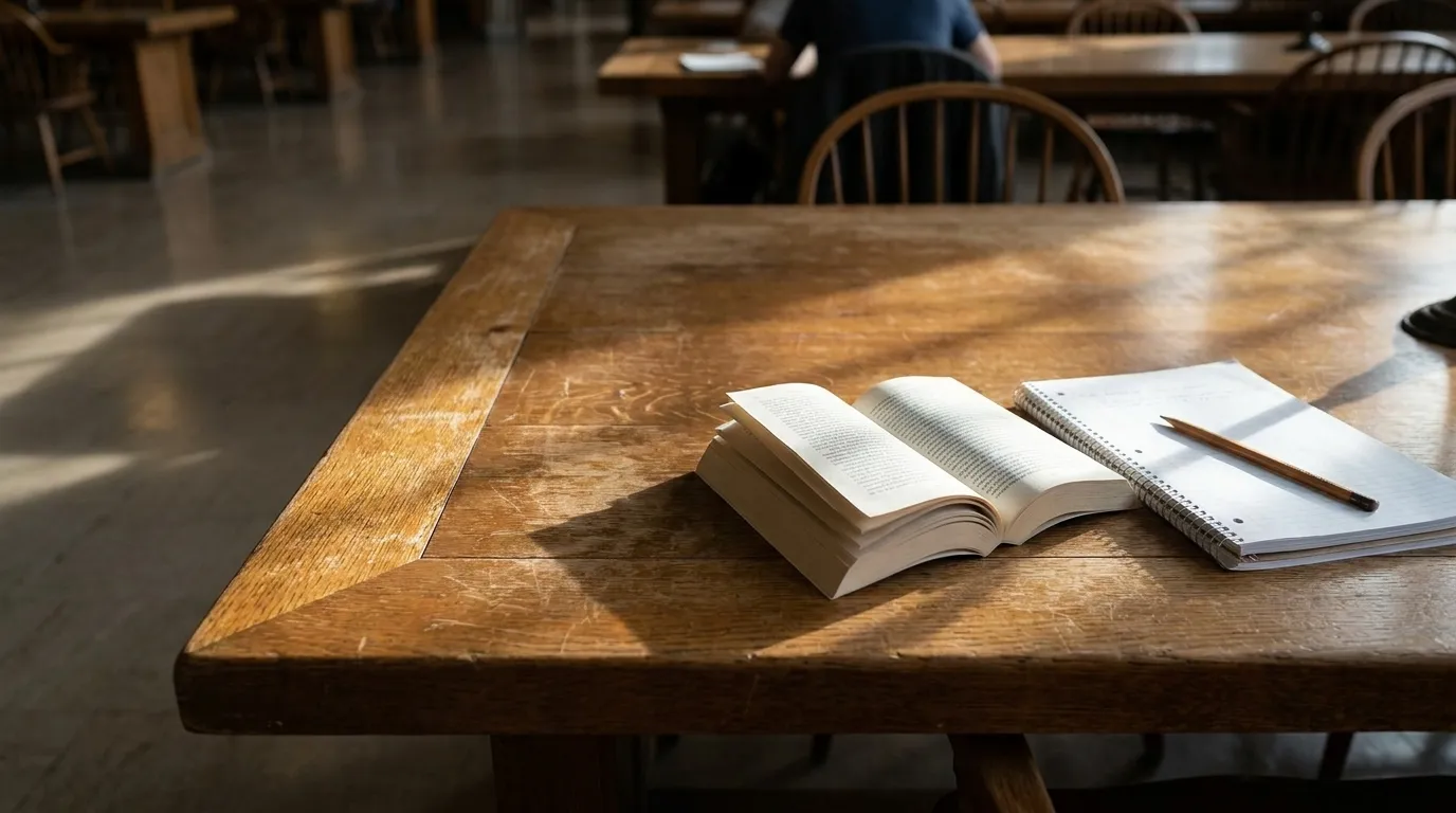 Open paperback book on library table with notebook and pencil in afternoon window light