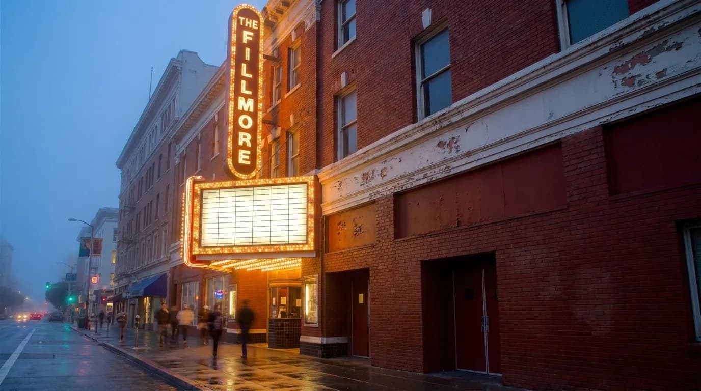 The Fillmore's illuminated marquee on Geary Boulevard at dusk in San Francisco