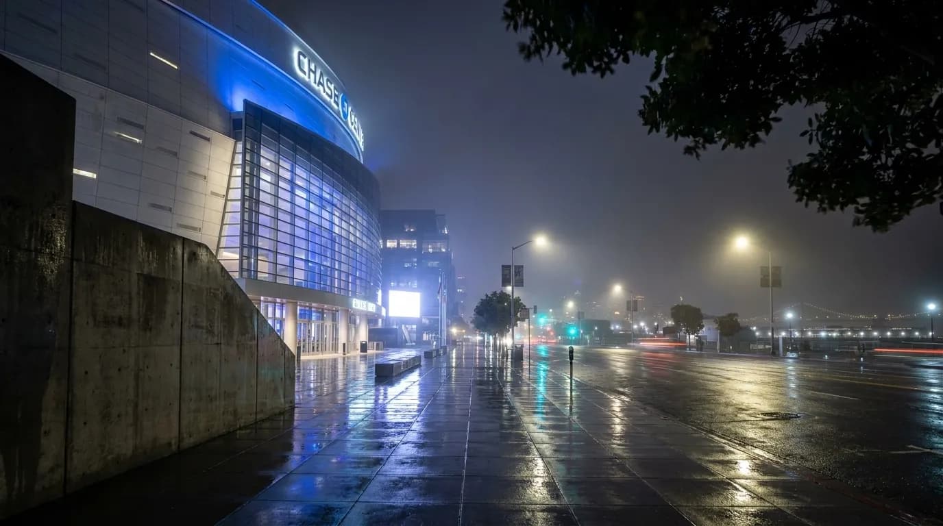 Mission Bay's Third Street at night with Chase Center's illuminated glass facade and fog