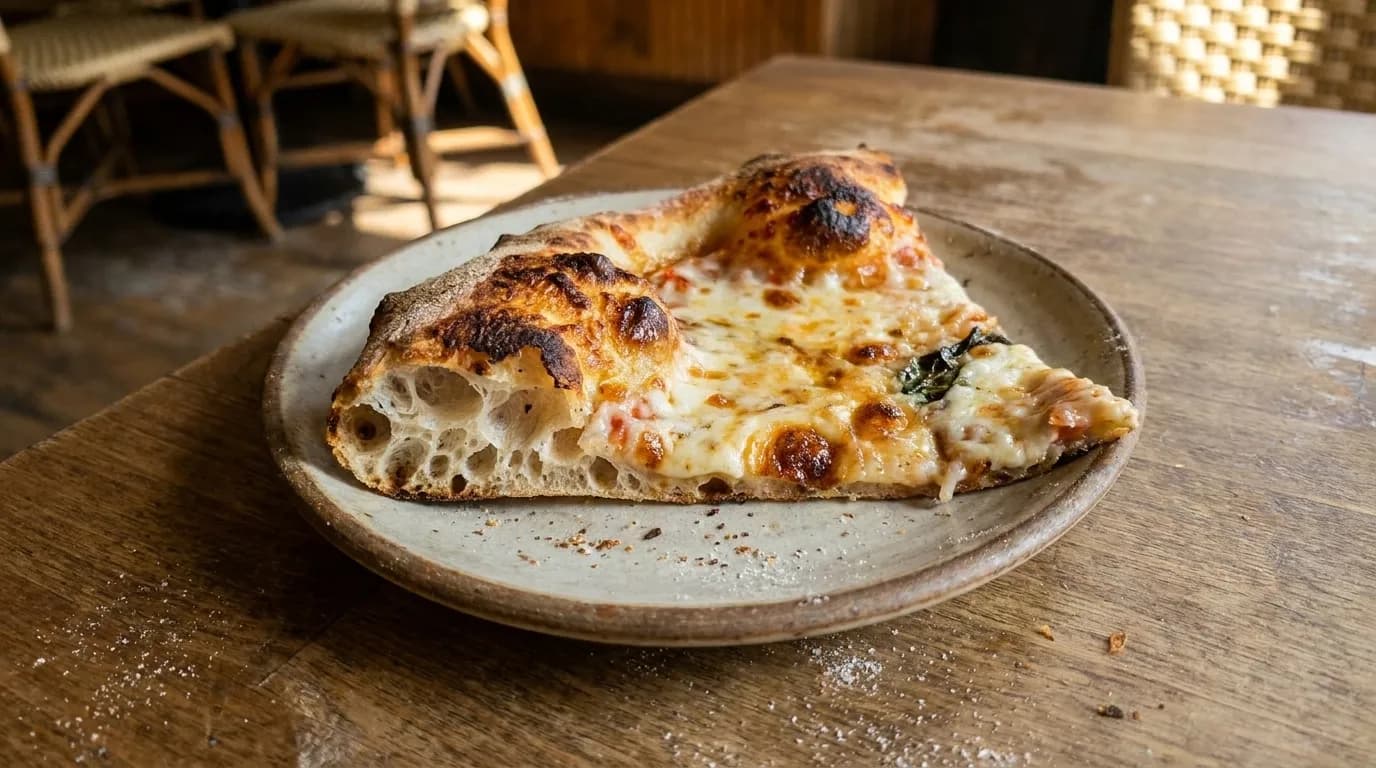 Close-up of a sourdough pizza slice showing blistered crust and open crumb texture