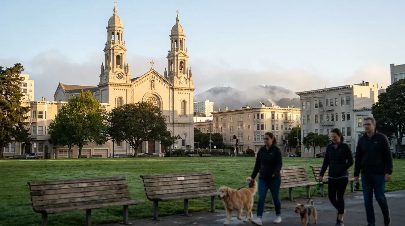 Washington Square Park in San Francisco's North Beach with Saints Peter and Paul Church in the background