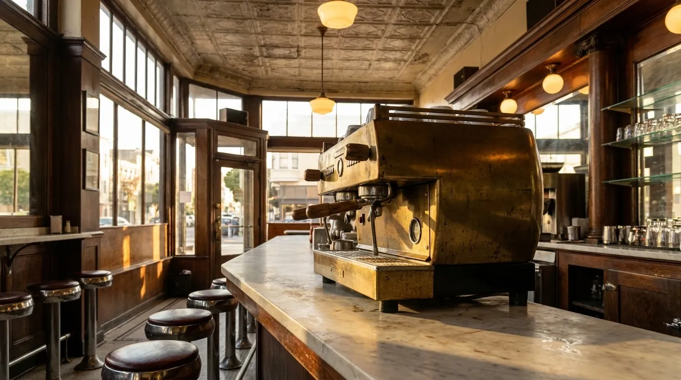 Interior view of a historic North Beach café counter with brass espresso machine and pressed-tin ceiling in warm afternoon light