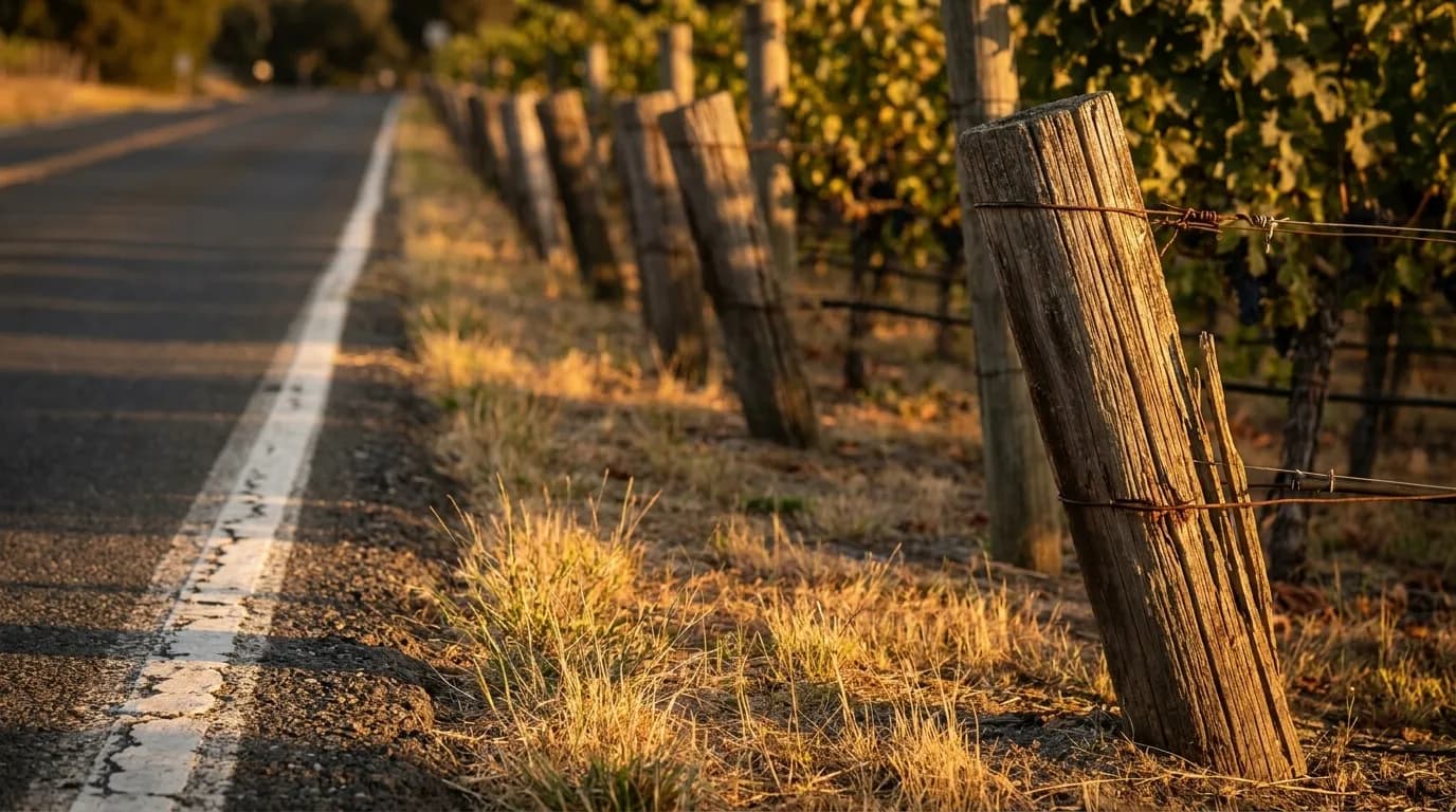 Vineyard fence along Highway 101 in Sonoma County at sunset