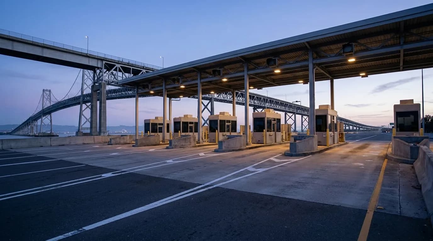 Richmond-San Rafael Bridge toll plaza at dusk with bridge span in background