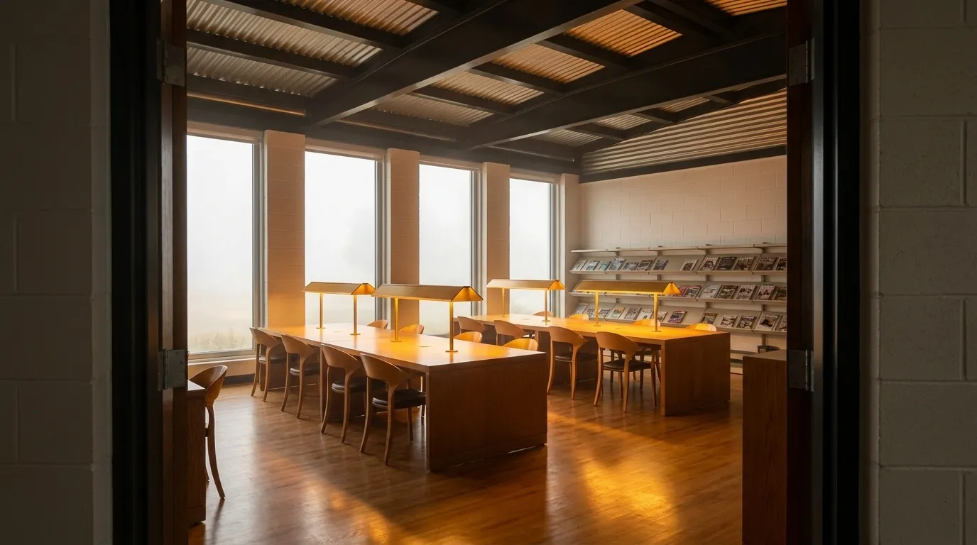 Reading tables and windows inside Noe Valley library branch in San Francisco during late afternoon