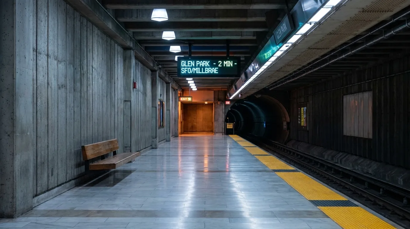 Glen Park BART station platform in San Francisco at dusk with arrival board and tunnel entrance
