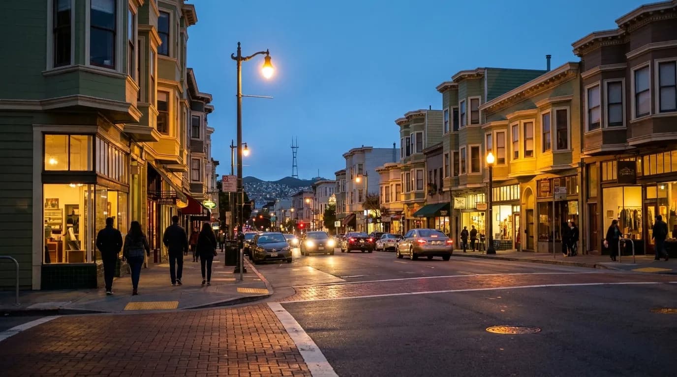 Evening view of 24th Street in Noe Valley with lit storefronts and pedestrians under streetlights