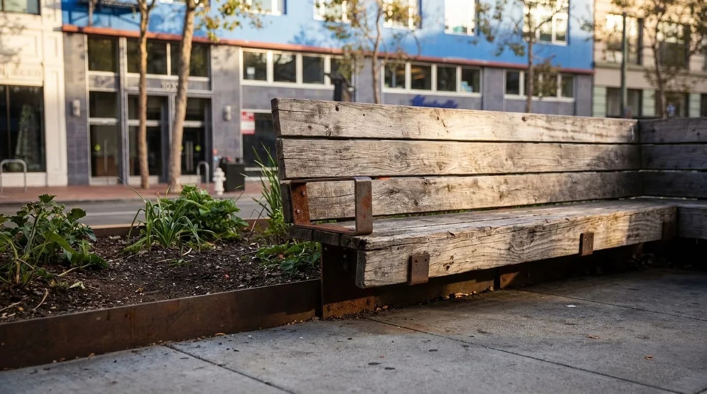 Close-up of a wooden bench in a 24th Street parklet with planter and blurred storefronts behind