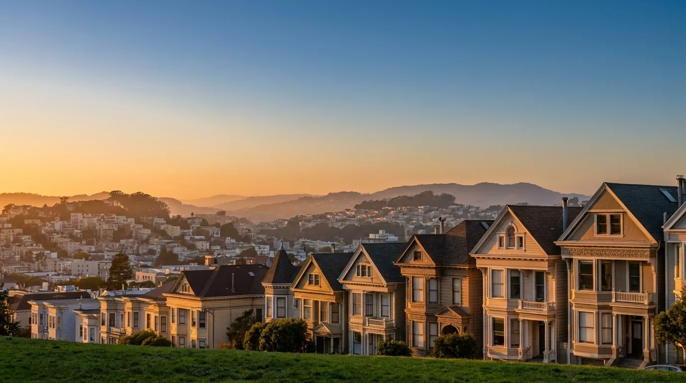Sunset view from Noe Valley hillside over rooftops and layered San Francisco neighborhoods