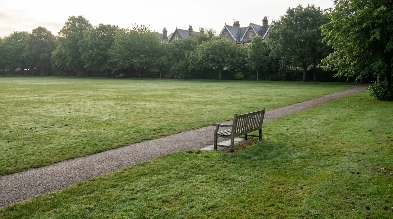 Wide view of Alamo Square Park's open lawn and tree line on a quiet morning in San Francisco