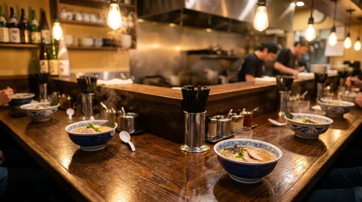 Interior view of a ramen counter in Japantown, San Francisco, with warm light over ceramic bowls and polished wood