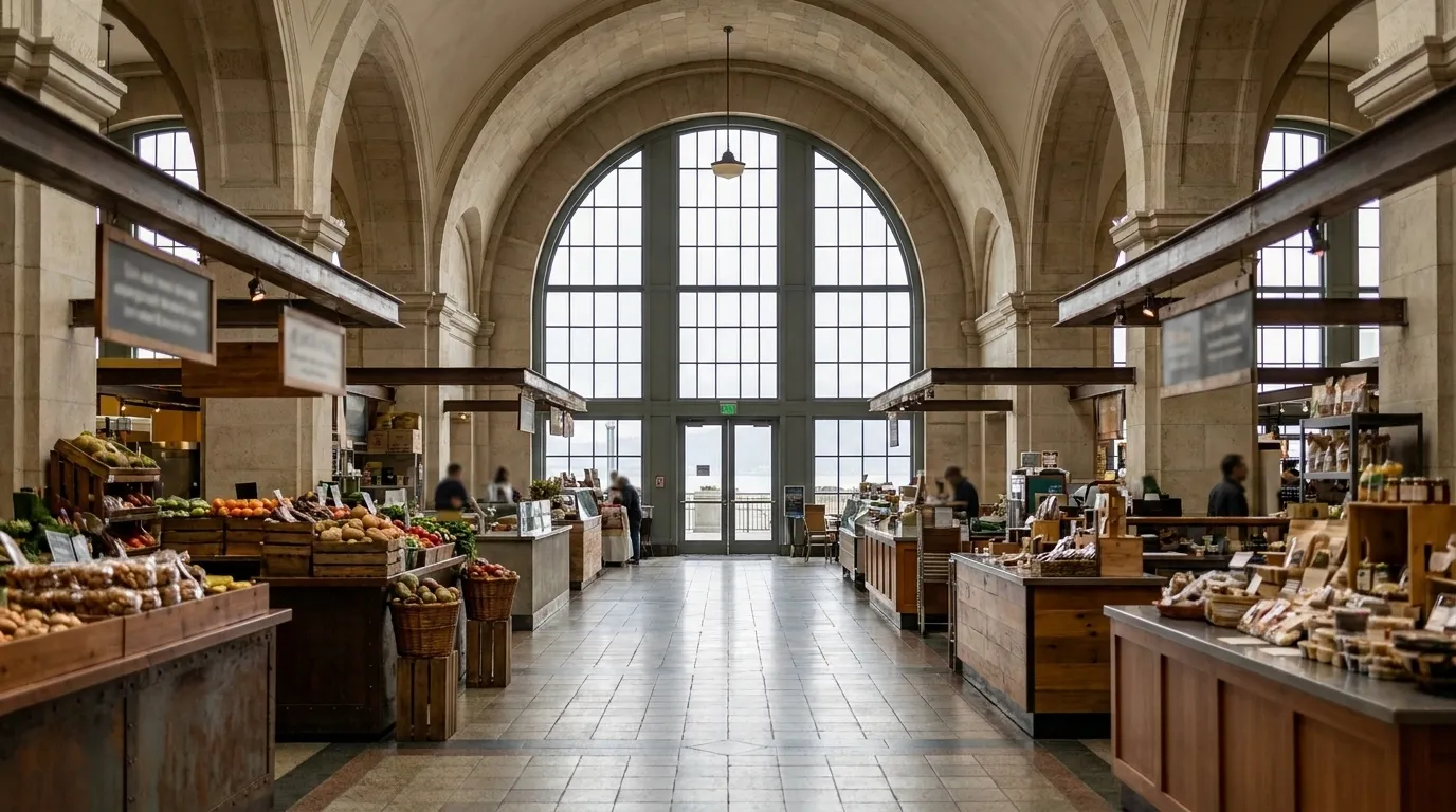 Interior arcade of San Francisco's Ferry Building Marketplace with vaulted ceiling and vendor stalls