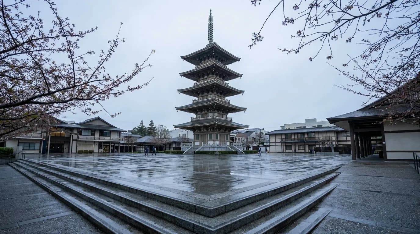 Peace Plaza pagoda in San Francisco's Japantown under overcast skies