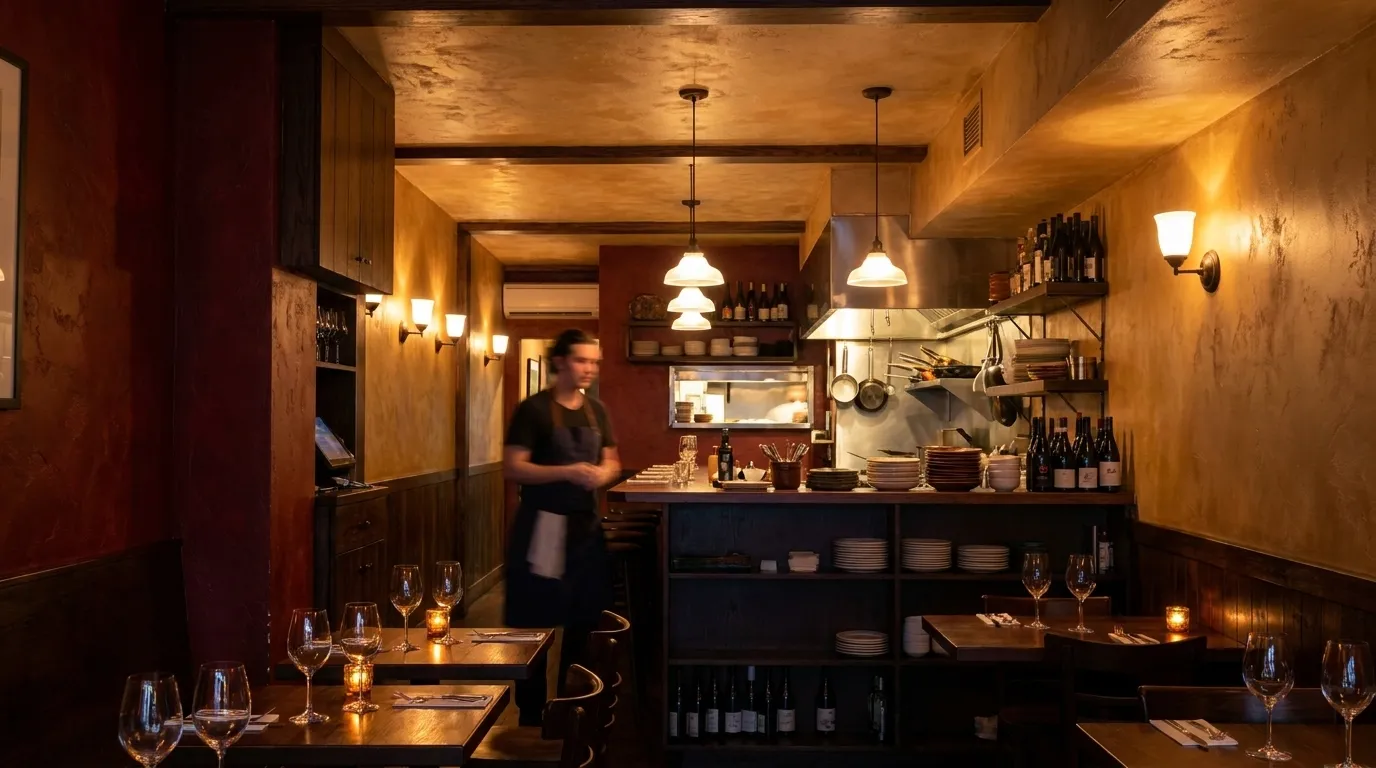 Warm interior of a small Noe Valley restaurant with wooden tables and ambient lighting at dusk