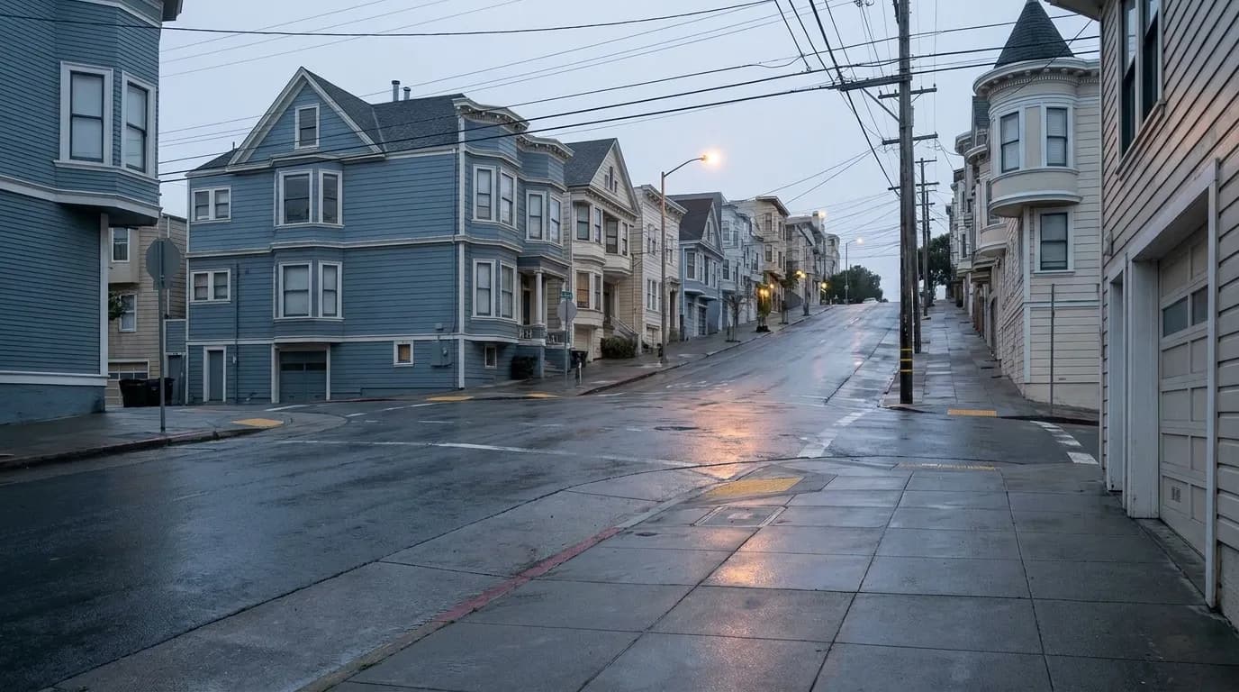 Quiet intersection of 24th and Church streets in Noe Valley with Victorian buildings and Muni wires overhead