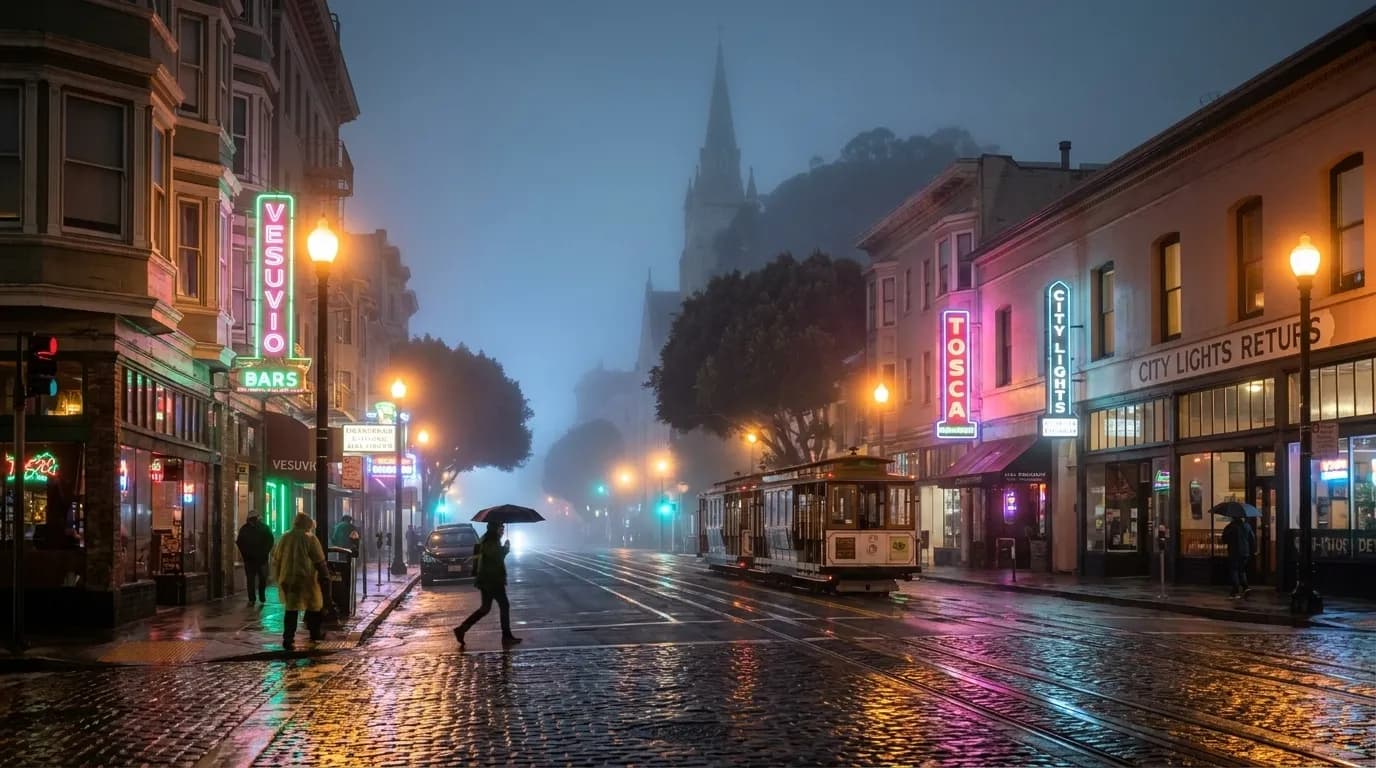 Columbus Avenue in San Francisco's North Beach at night with neon bar signs and fog