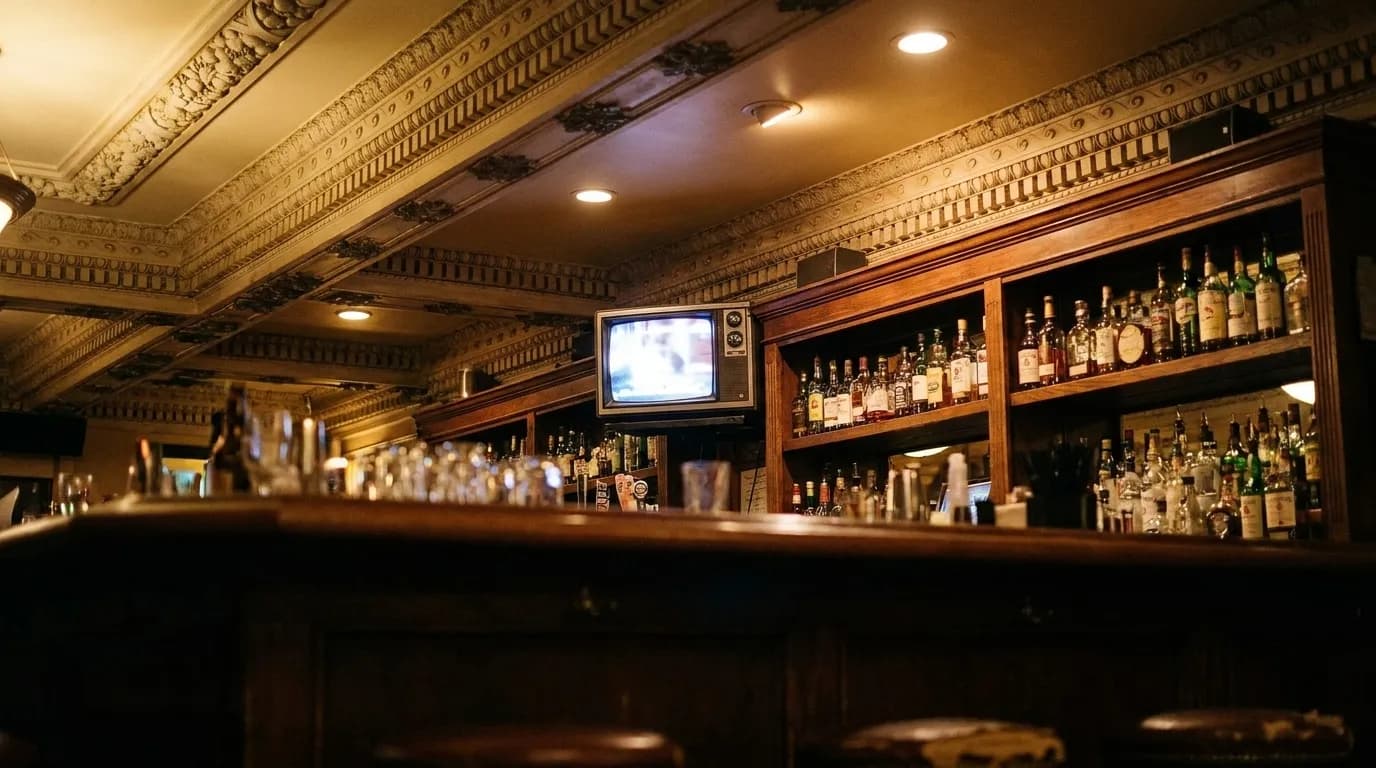 Television screen above a bar in a dim San Francisco dive bar interior