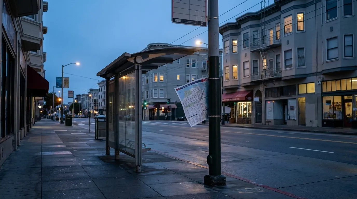 Muni bus stop on Columbus Avenue in North Beach at dusk