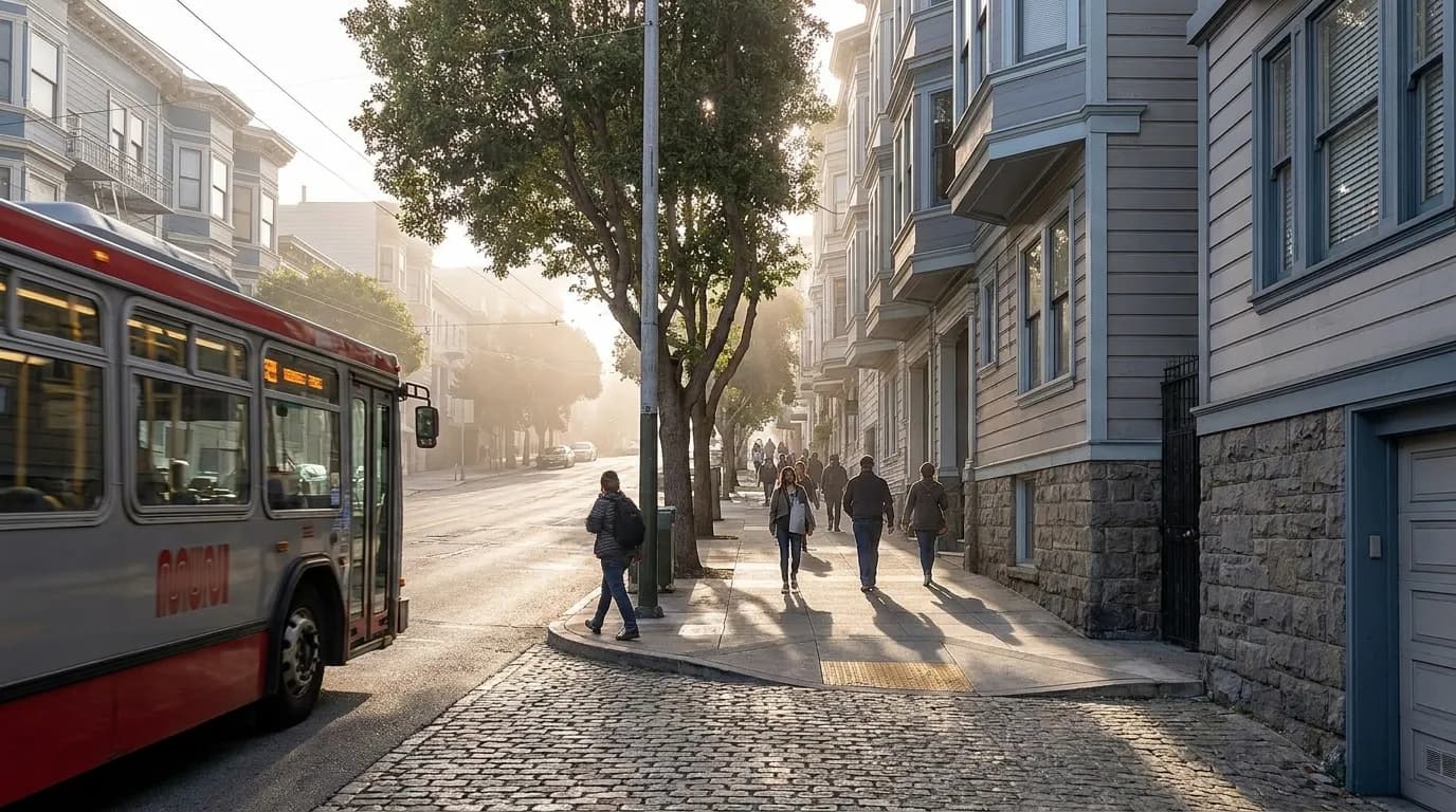 Hayes Valley street scene with Victorian buildings and pedestrians walking uphill in afternoon light