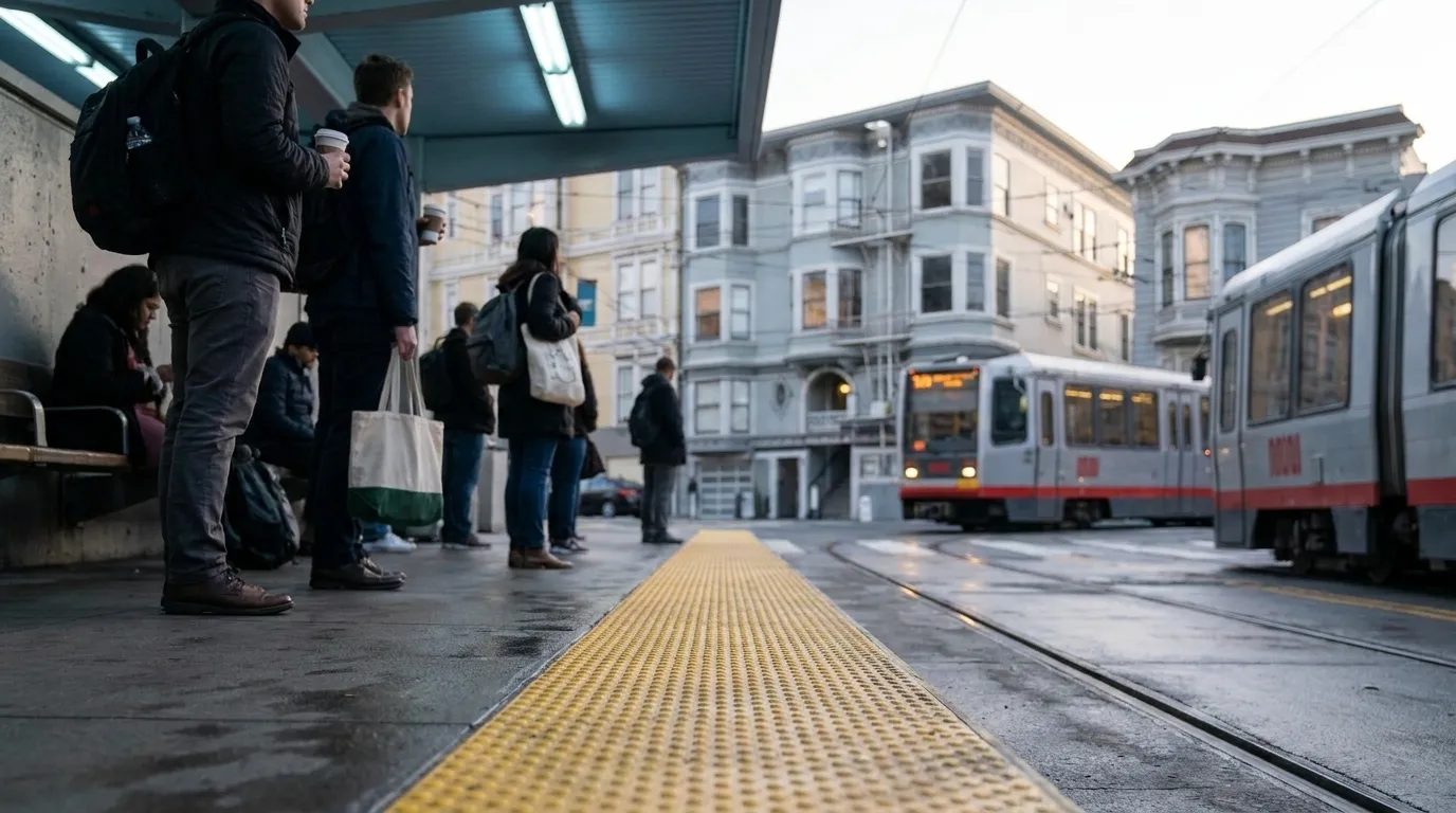 Muni Metro platform at dawn with commuters waiting as train approaches in early morning light