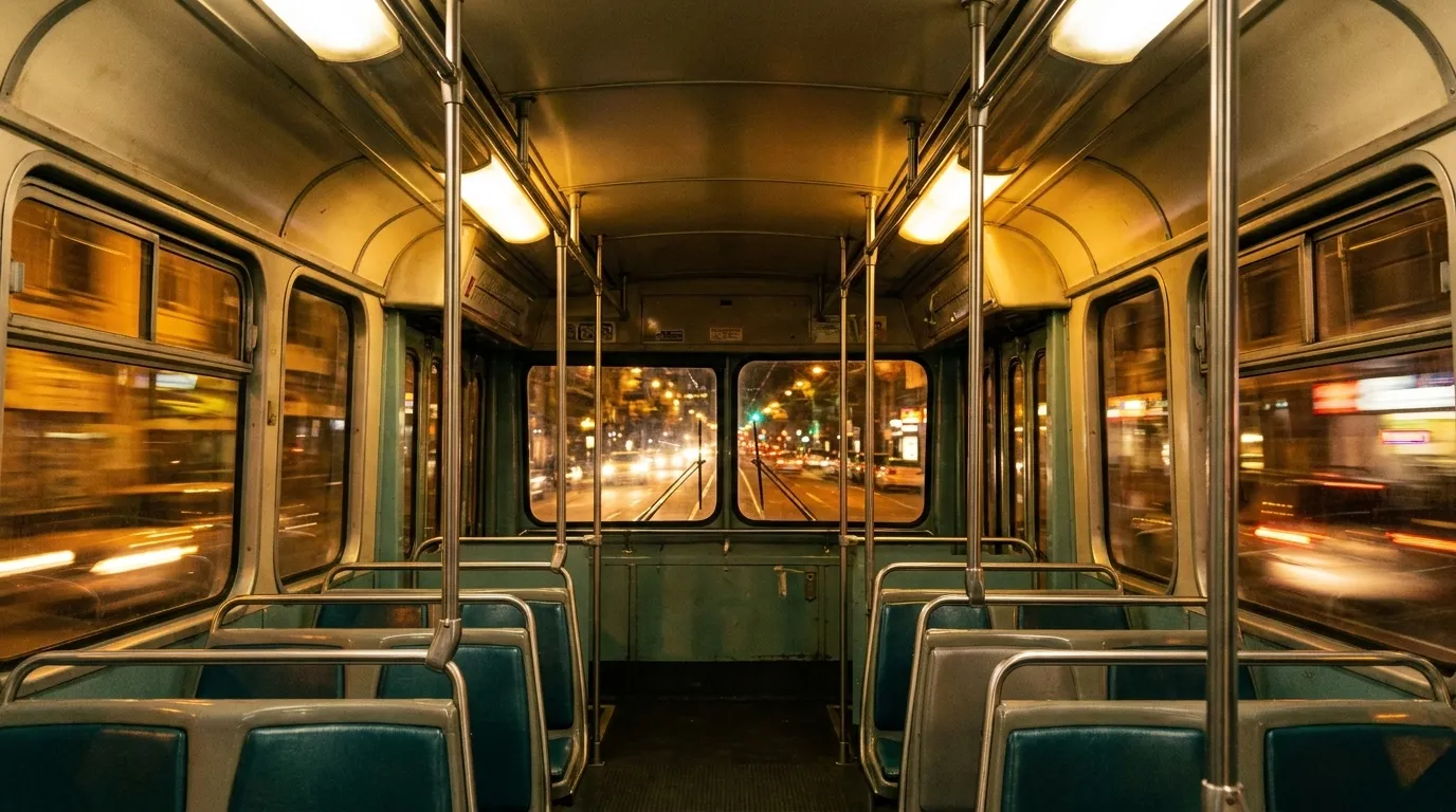 Interior of J-Church Muni streetcar at night with empty seats and yellow lighting